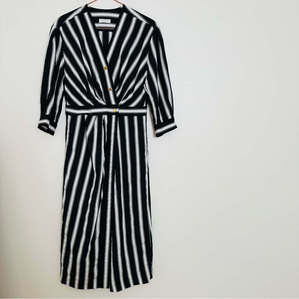 Sandro Carl Black and White Wrap Striped 3/4 Sleeve Midi Dress - Picture 9 of 15